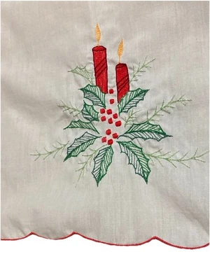 Vtg. Christmas Candle Holly Table Runner/Skirt Embroidered Scallops 50x15 - Image 1 of 4