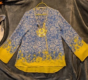 Soft Surroundings Womens Blue Yellow Beaded Tie Neck Sheer Tunic Top Size XL - Picture 1 of 5