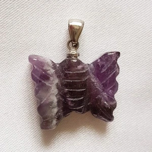 Pendant ~ Butterfly ~ Polished Carved Purple Amethyst ~ Silver Plated Bale - Picture 1 of 7