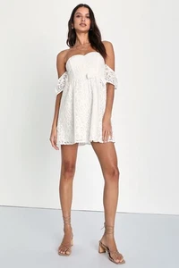 Mini Vestido Inspirado en Lulus Cutie Blanco Encaje Hombro Descubierto M Fiesta Nupcial - Imagen 1 de 18