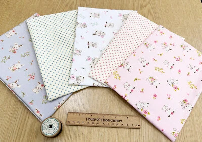 Fat Quarter Bundle - Cute Baby Bunny Rabbit & Spots Nursery Bunting Craft Fabric - Image 1 of 4