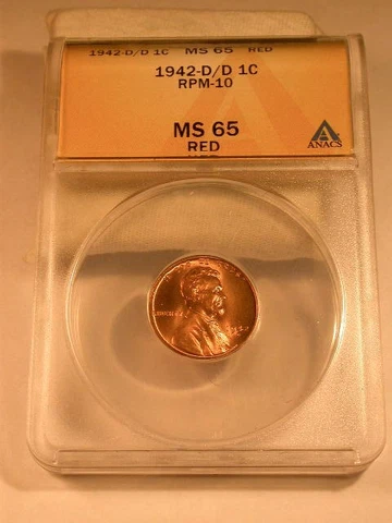 1942 D RPM#10 ANACS MS65 Red Lincoln Cent Error  Free Shipping Cover
