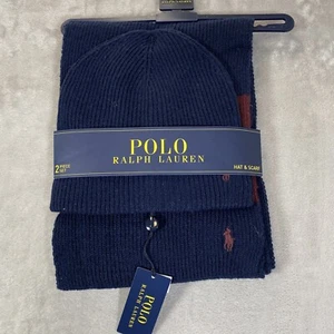 NEW Polo Ralph Lauren Wool Blend Classic Pony Rib Knit Beanie Hat Scarf Set Navy - Picture 1 of 2