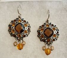 1990 Swarovski Amber-colored Crystal Dangle Wire Earrings with Swan & "C" Logo