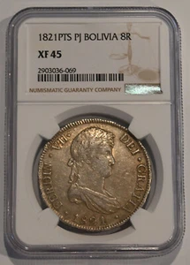 1821 Bolivia 8 REALES  KM84 Ferdinand VII  NGC XF45, neat silver coin!!!! - Picture 1 of 4