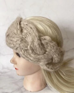 Hat Women Kerchief Hand Knit 100% Cashmere Beige Headband Winter Headscarf Gift - Picture 1 of 6