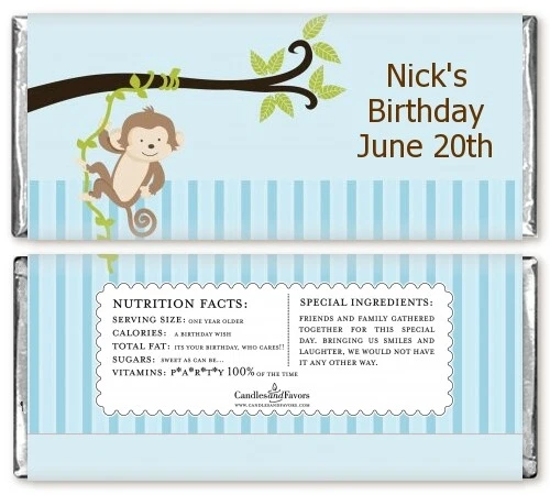 Envolturas de barra de caramelo personalizadas para fiesta de cumpleaños azul mono - Hershey Candy Favor Foto 1 de 2