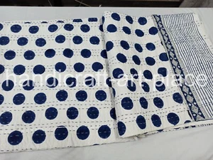 Edredón Kantha de algodón hecho a mano a lunares, tiro boho, colcha, edredón con estampado de bloques - Imagen 1 de 8