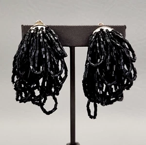 Beaded Earrings Vtg Clip On Black Glass Looped Dangles Beads Silver Tone 2" - Picture 1 of 15