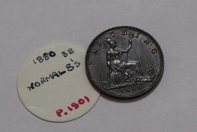 🧭 🇬🇧 UK GB FARTHING 1880 FERMÉ 8 HAUTE QUALITÉ B85 #Z8921 - Photo 1/3