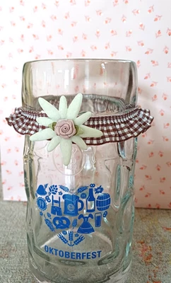 HANDMADE Oktoberfest Maßkrugband Rüsche mit Edelweiß und Rose Personalisieren Maßkrug