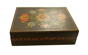 Vintage vecchia scatola in legno dipinto scatola in legno cofanetto fantasia floreale cottage floreale - Foto 1 di 7