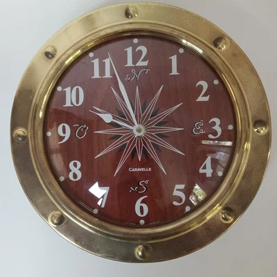 Vintage Wall Clock Caravelle 1970s France Brown Wood Grain Gold Metal Battery - Image 1 of 4