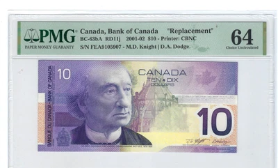 Canada 2005 $10 BC-63bA FEA Replacement (Printed-2008) Jenkins-Carney PMG GEM 64 - Image 1 of 2