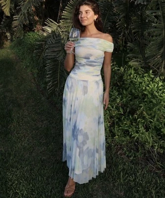 M Abercrombie Fitch Maxi Dress Giselle Drop Waist Mesh Blue Multi Wedding Formal - Image 1 of 4
