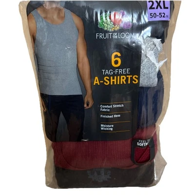 NEW 6 Blue Black Gray Red 2XL 50-52 A-Shirt Tanks Fruit Of The Loom - 6P261CX - Image 1 of 4
