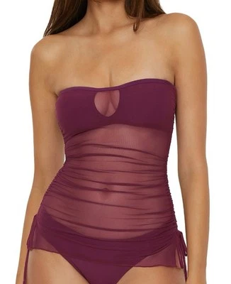 Camiseta Tankini Becca Muse Bandeau con superposición de malla, berenjena, mediana, precio de venta sugerido por el fabricante 88 USD nueva con etiquetas Foto 1 de 4
