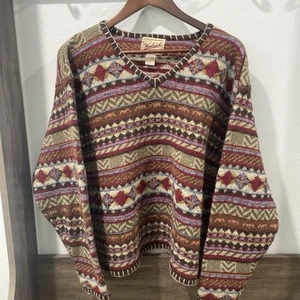 Vintage Woolrich Chunky Sweater V Neck Women’s XL Brown & Blue Wool Blend Read - Picture 1 of 11