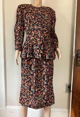 Conjunto falda/chaqueta/cinturón vintage años 80 estampado floral peplum 3 piezas talla 12 Foto 1 de 4