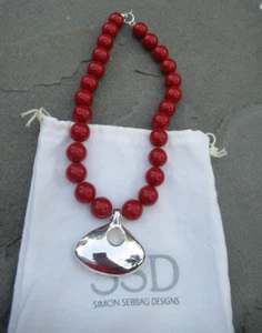 Neu Simon Sebbag rote Koralle Muschel Perlen/Sterlingsilber Anhänger Halskette/Umschalter - Bild 1 von 11