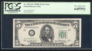 FR. 1963-J* 1950-B $5 *STAR* FEDERAL RESERVE NOTE KANSAS CITY, MO PCGS UNC-64PPQ - Picture 1 of 2