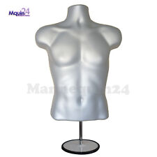 Male Torso Mannequin -Grey (Silver) + Stand + Hanging Hook Men Dress Form