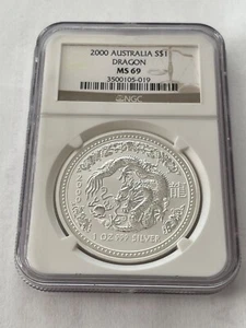 2000 Year of the Dragon $1 Australia NGC MS-69 RARE 1 OZ .999 Silver MS69 Lunar - Picture 1 of 2