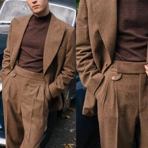 Herren Braun Chambray Anzug Tweed Mischung Spitzes Revers Mode Freizeit Retro Stil - Bild 1 von 13