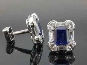 4Ct Emerald Cut Simulated Sapphire Stud Earring 14K White Gold Plated - Picture 1 of 3