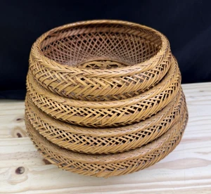 Satzkörbe 4er Set Vintage geflochten Bambus Rattan flach - Bild 1 von 10