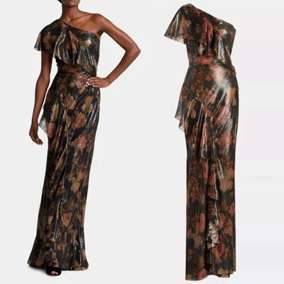 Maxi Vestido de Noche Ralph Lauren Colección Púrpura Etiqueta Gasa Lamé Seda 0 Foto 1 de 4