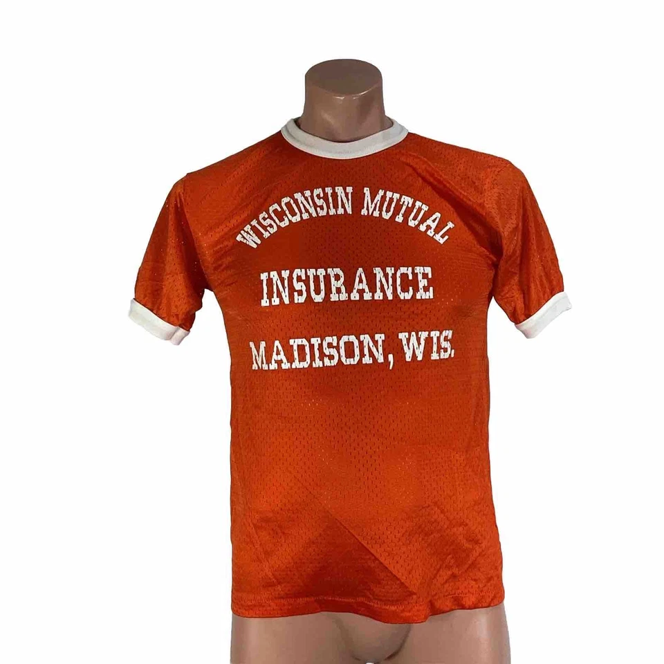 Camiseta deportiva de béisbol de colección años 80 Madison Wisconsin seguro mutuo para hombre pequeña naranja Foto 1 de 4