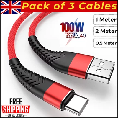 USB A to USB-C Cable Braided Fast Charger Type C Lead For iPhone 15 16 / Samsung - Image 1 of 4