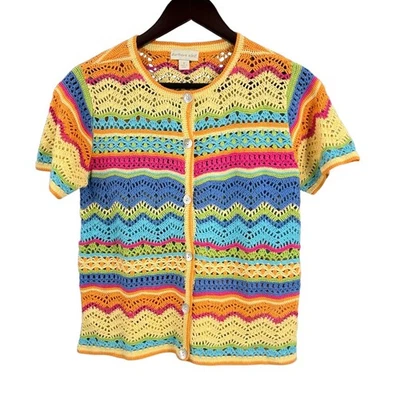 Northern Isles Short Sleeve Cardigan Sweater Crochet Knit Cotton Linen Size S - Image 1 of 4