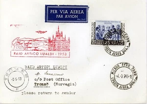 Raid Artico Lualdi (1953) su aer. affr. con Martiri di Belfiore (G), recante l'a - Imagen 1 de 2
