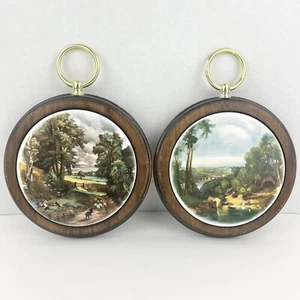 Wooden Wall Plaque Set Of 2 Porcelain Picture Mid-Century Modern Round Hanging - Picture 1 of 8