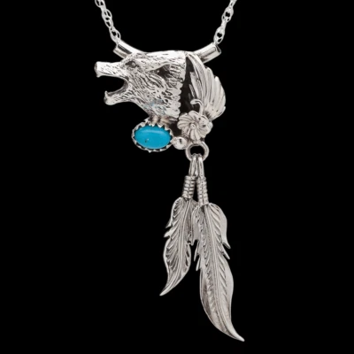 Indianerschmuck Wolfskette Anhänger Türkis Silberfedern Westernschmuck  KRB01 - Bild 1 von 3