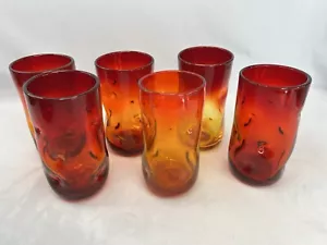 Vintage Blenko Set Of 6 Handcrafted Art Glass Tangerine Pinched 6”Tumblers - Picture 1 of 10