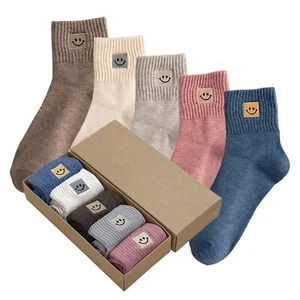 5 Pairs Cute Socks with Smiling Face Embroidery with Gifts Box Socks for Wome... - Picture 1 of 6