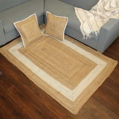 Rug 100% natural jute braided handmade carpet reversible Modern Living area rug - Image 1 of 4