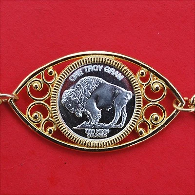 Brazalete 1 Gramo Miniatura Búfalo Níquel .999 Plata Fina Redondo 8" GP Enlace Nuevo de Lote Antiguo Foto 1 de 4