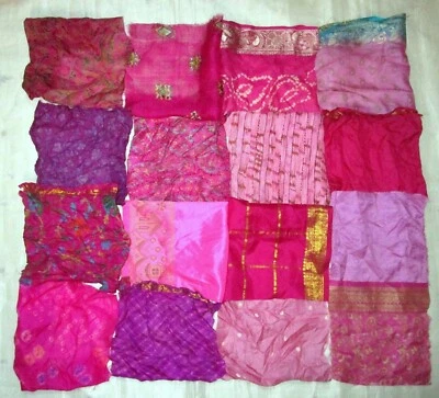 LOT PURE SILK Vintage Sari Fabrics REMNANT 16 pcs 8 inch SQUARES PINK MAGENTA - Image 1 of 4