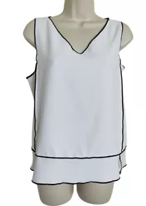 Blusa para mujer Zara blanca sin mangas con cuello en V talla S ribete negro elegante elegante - Imagen 1 de 9
