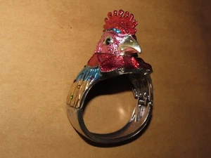 ROOSTER CUFF CLAMP BRACELET LARGE ENAMELED WITH RHINESTONES Vtg SILVER TONE - Picture 1 of 4