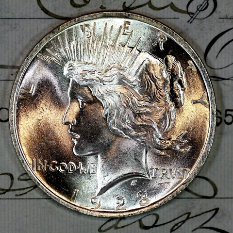 * 1923-P * CHOICE to GEM BU MS PEACE SILVER DOLLAR * FROM ORIGINAL BANK BAG * Cover