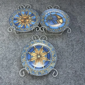 Vintage Celestial Sun, Moon, & Stars Ceramic Wall Decorative Plates Set W/ Stand - Picture 1 of 4