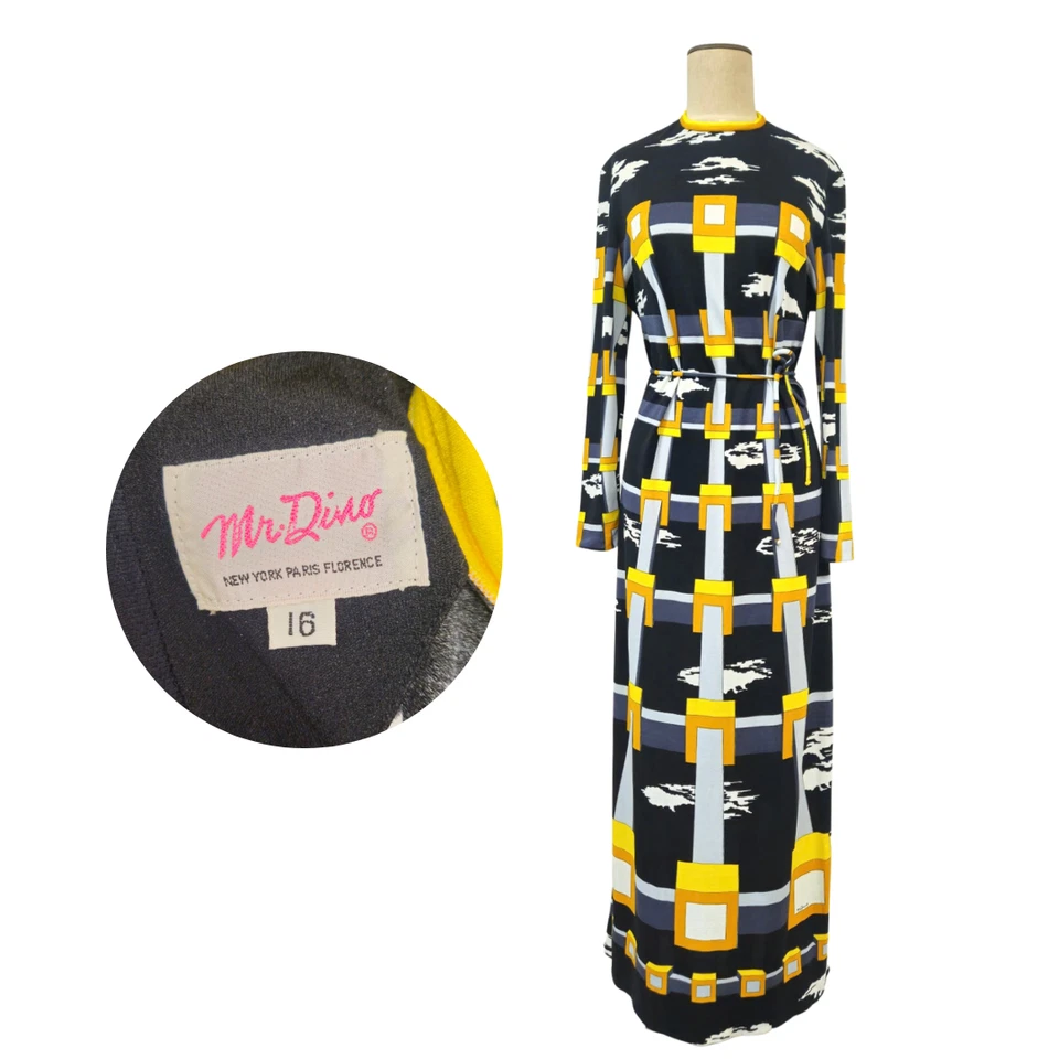 Maxi Vestido Columna Art Deco Vintage Años 70 Mr. Dino Negro y Amarillo Foto 1 de 4