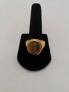 Vintage Egypitan Revival Scara Natural Carved Tiger Eye Ring Size 8 Gold Tone - Picture 1 of 7