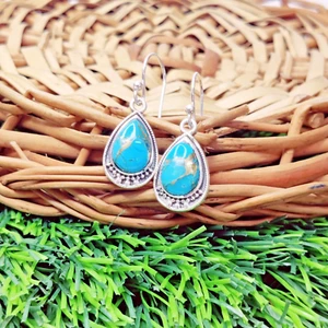 Blue Copper Turquoise Gemstone 925 Sterling Silver Drop/Dangle Earrings for her - Picture 1 of 8