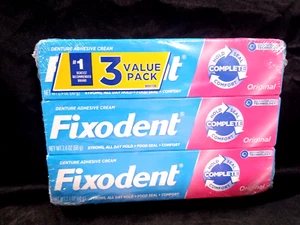 FIXODENT COMPLETE ORIGINAL DENTURE ADHESIVE CREAM HOLD,SEAL,COMFORT 3-2.4ozTUBES - Picture 1 of 3